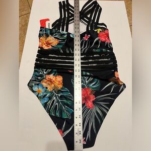 Colorful Floral Design Black with Flowers halter One Piece Swimsuit Bathing Sz L